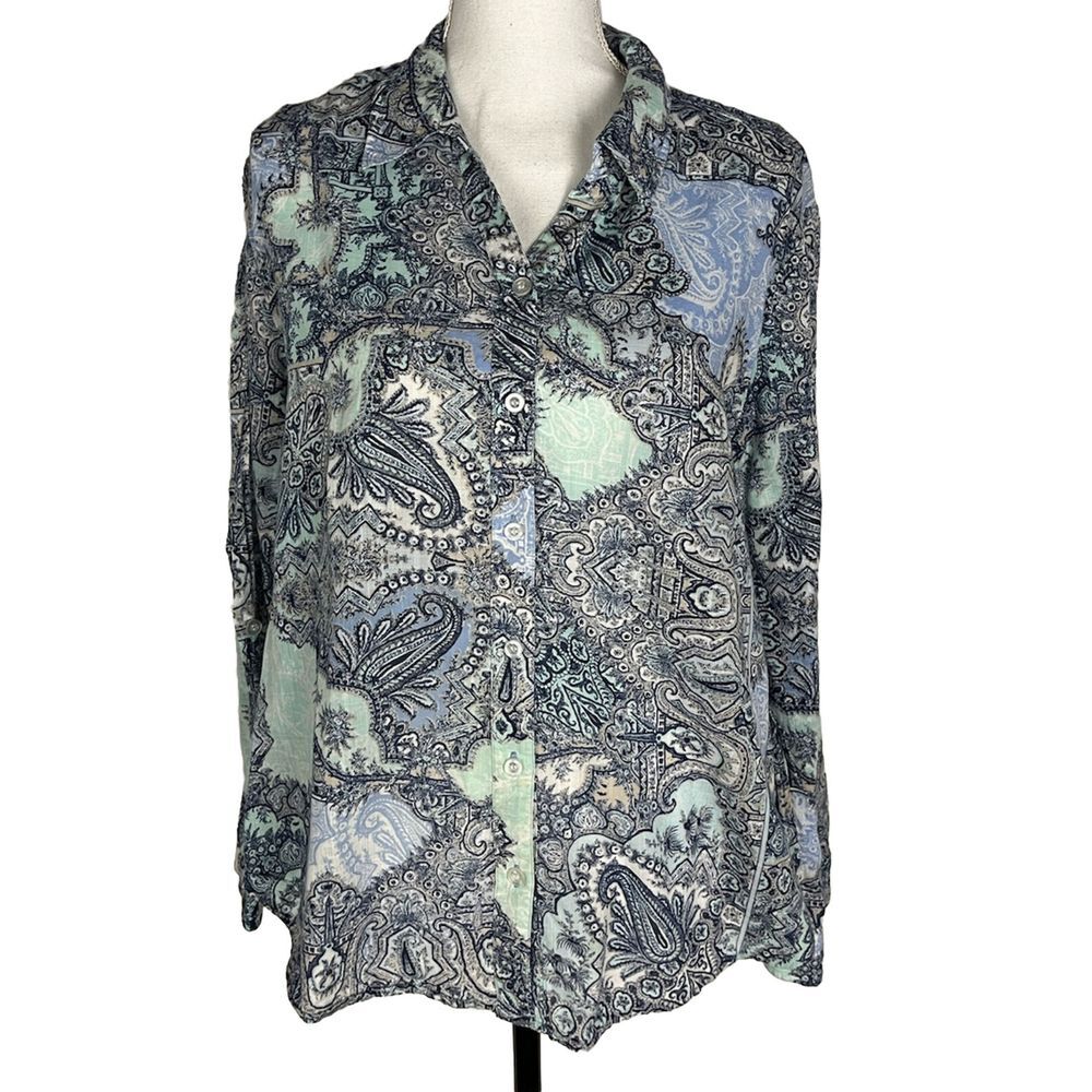 CHICOS Boho Resort Shirt Womens 3 Button Up Blouse Paisley Blue Roll Tab Sleeve